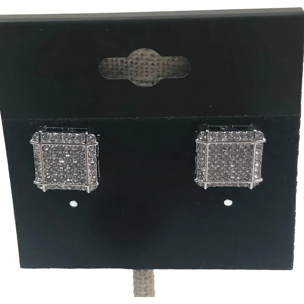 Silver Rhinestone Square Stud Earrings